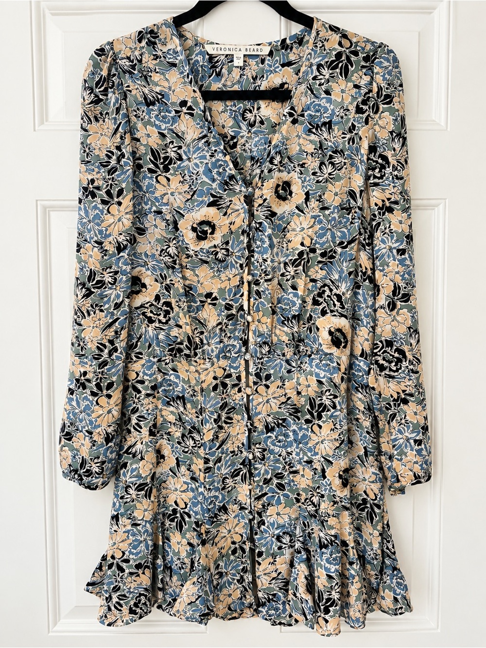Veronica Beard Teal Floral Long-Sleeve Dress with Cream & Black